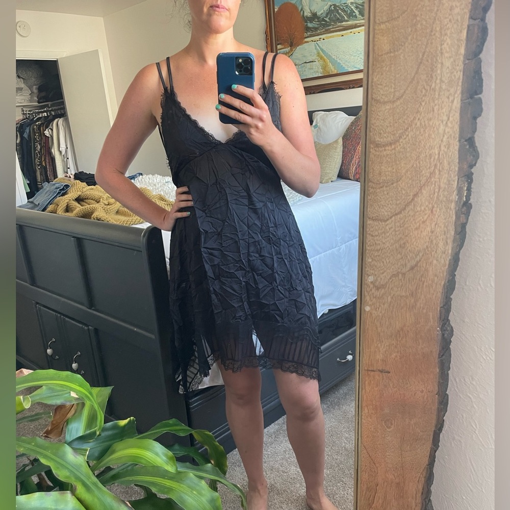 Zara Crinkle Slip Dress with Lace Trim - Black - Women’s Size L